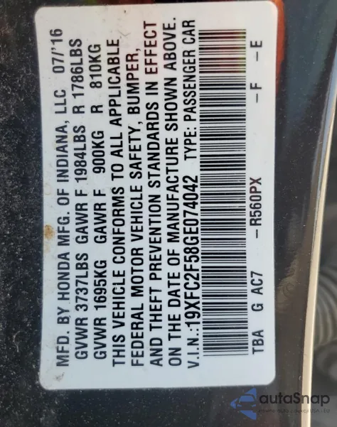 2016 Honda Civic Lx from USA, damaged, VIN 19XFC2F58GE074042